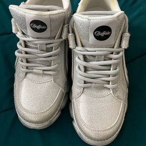 Y2K Buffalo London Classic Kicks Silver Glitter Flatfoam Sneakers